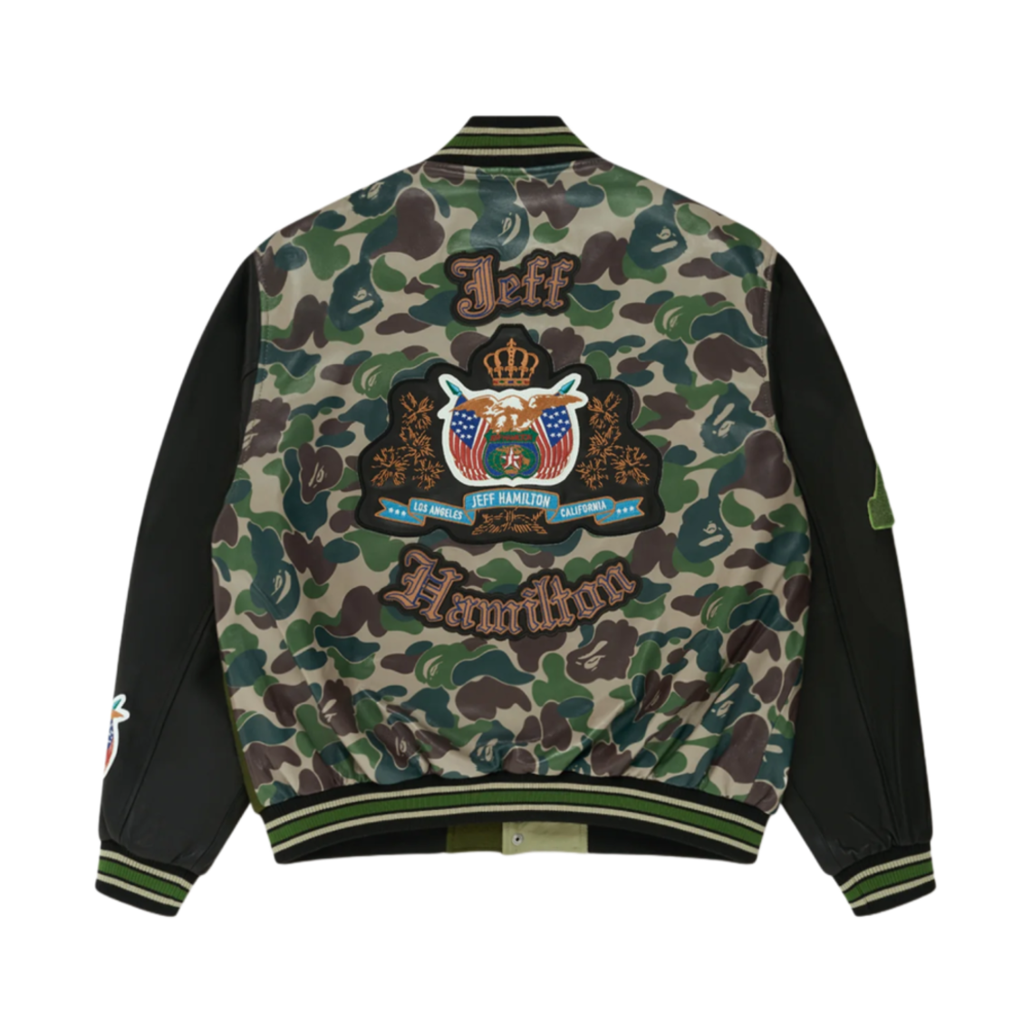 베이프 x 제프 해밀턴 ABC 카모 멀티 로고 패치드 울 앤 레더 바시티 자켓 다크 그린(BAPE x Jeff Hamilton ABC Camo Multi Logo Patched Wool and Leather Varsity Jacket Dark Green) - 2
