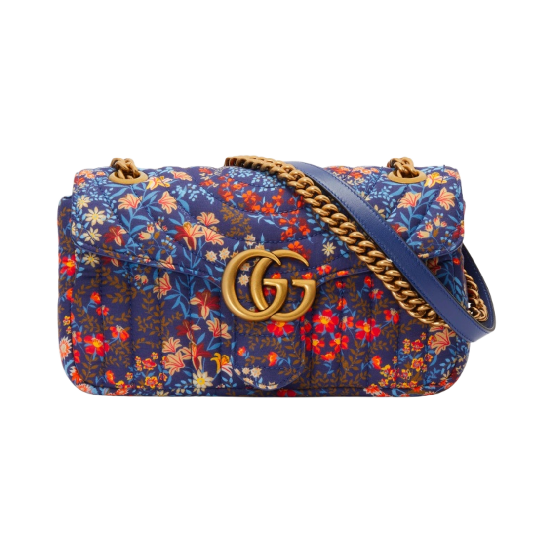 구찌 GG 마몽 스몰 쉐브론 숄더백 블루 레드 코튼(Gucci GG Marmont Small Chevron Shoulder Bag Blue Red Cotton) - 1