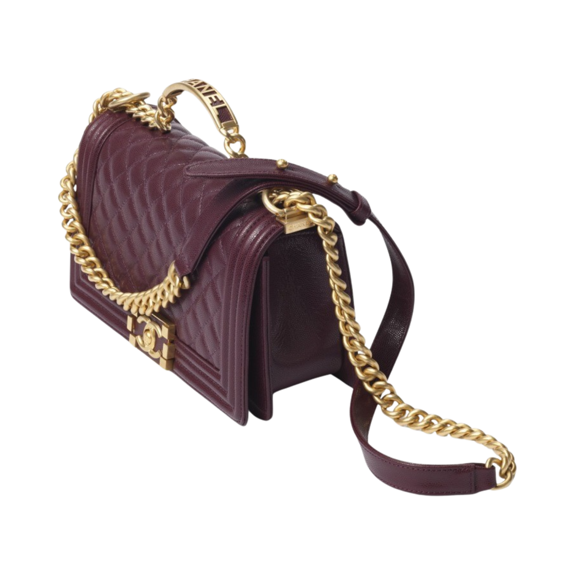 샤넬 보이 샤넬 플랩백 핸들 그레인드 샤이니 카프스킨 & 골드 메탈 버건디(Chanel Boy Chanel Flap Bag with Handle Grained Shiny Calfskin & Gold Burgundy) - 2