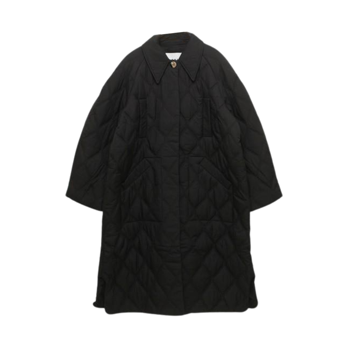 (W) 가니 퀼티드 래글런 미디 코트 블랙((W) Ganni Quilted Raglan Midi Coat Black)