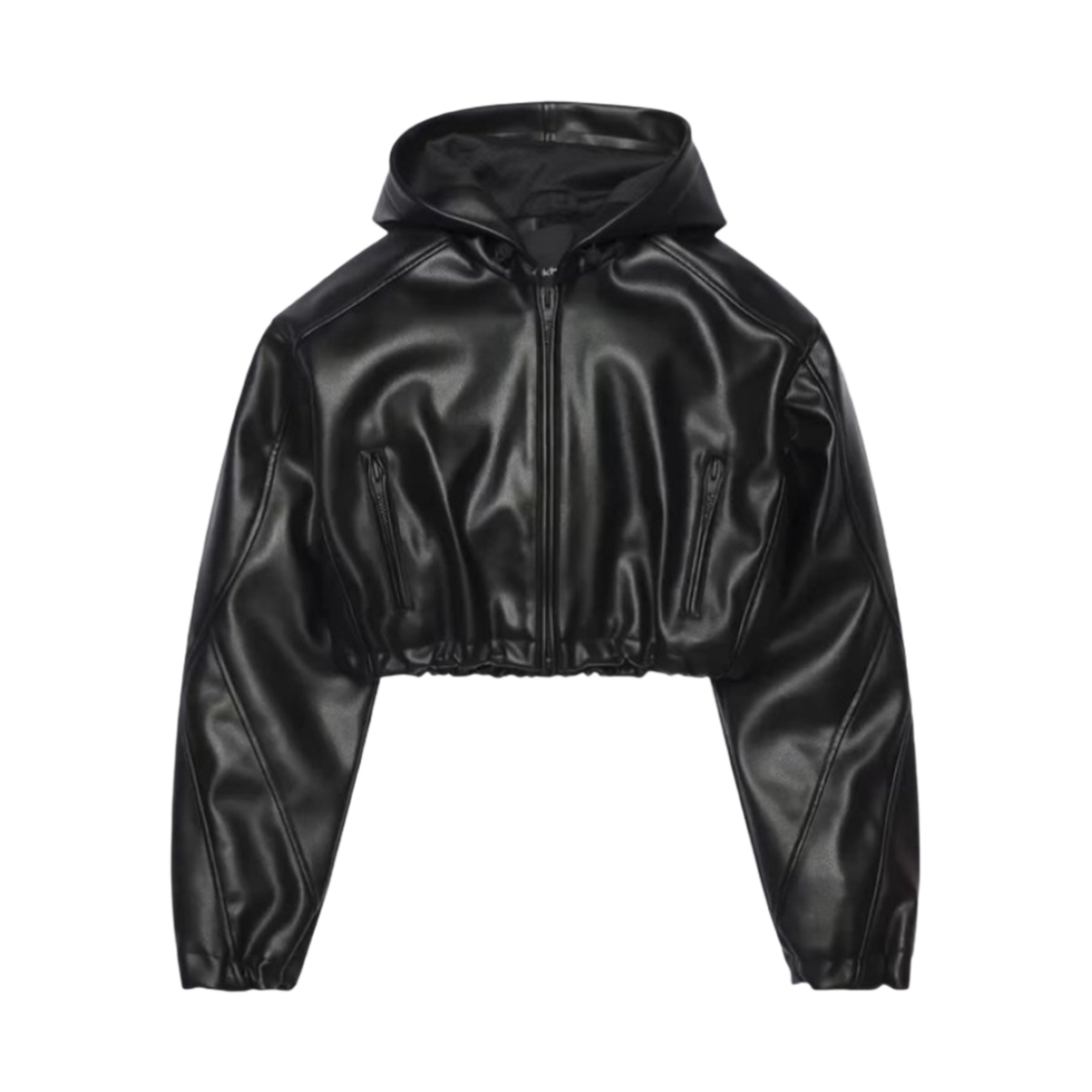 (W) 카이 포우 레더 크롭 후드 자켓 블랙((W) Khy Faux Leather Cropped Hooded Jacket Black)