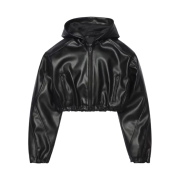 (W) Khy Faux Leather Cropped Hooded Jacket Black