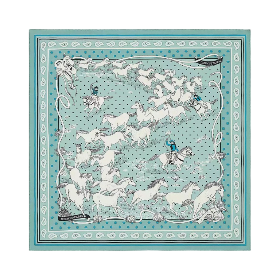(W) 에르메스 레 무스탕 반다나 55 베르 드 그리 블루 아주르 블랑((W) Hermes Les Mustangs Bandana 55 Vert De Gris Bleu Azur Blanc) - 1