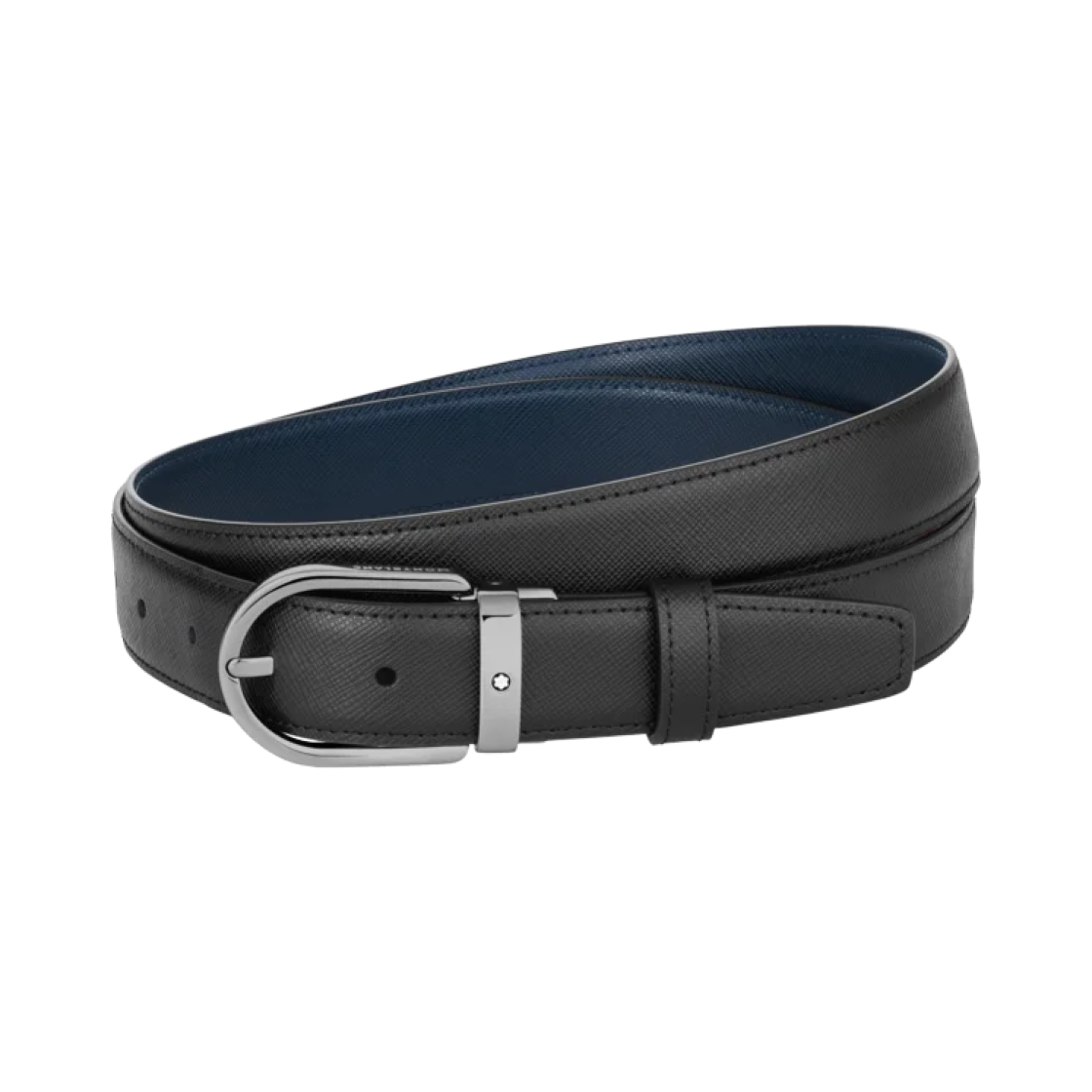 몽블랑 홀스슈 버클 30mm 리버시블 레더 벨트 블랙 블루(Montblanc Horseshoe Buckle 30mm Reversible Leather Belt Black Blue)