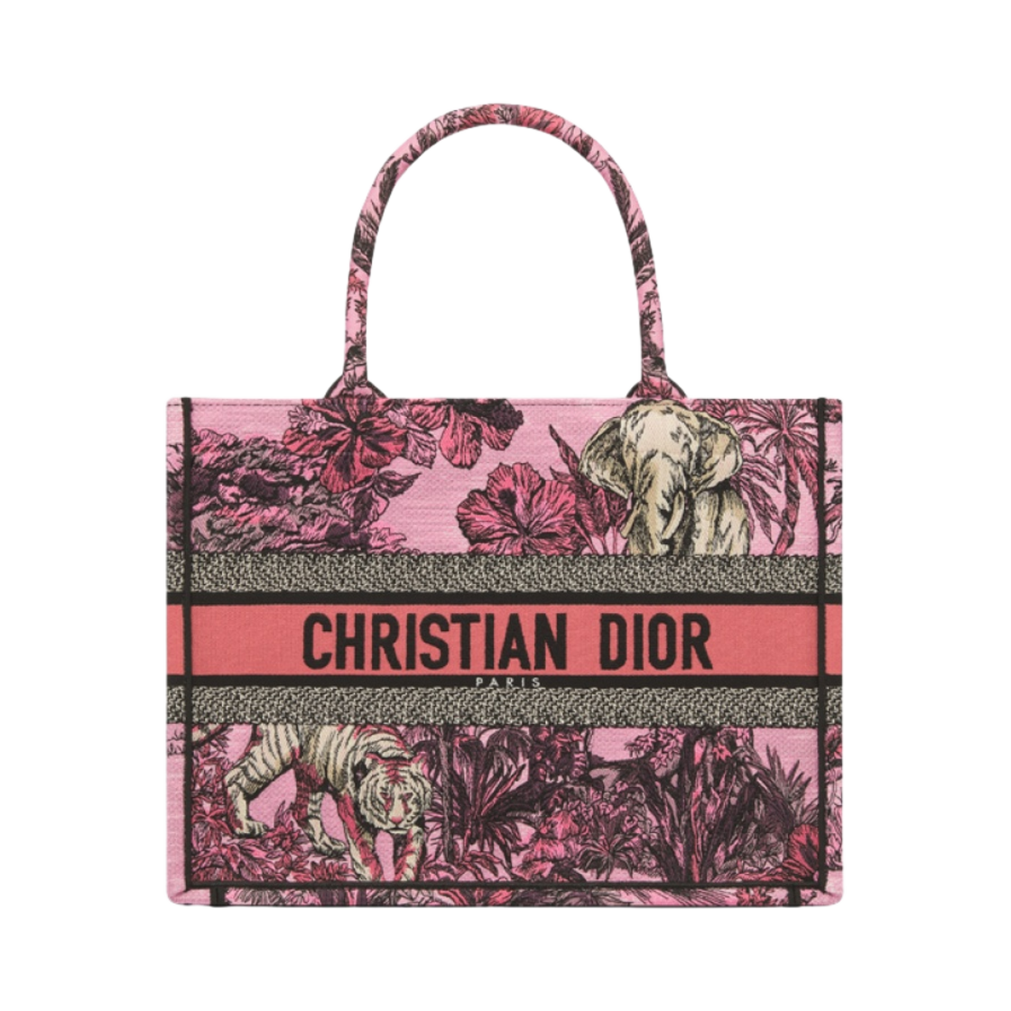 디올 미디움 디올 북 토트백 핑크 멀티컬러 트왈 드 주이 보야쥐 자수