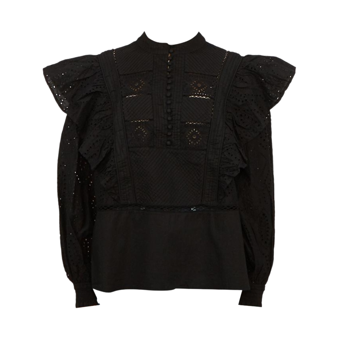 (W) 올 세인츠 오브리 자수 프릴 브로더리 탑 블랙((W) All Saints Aubrey Embroidered Frill Broderie Top Black)