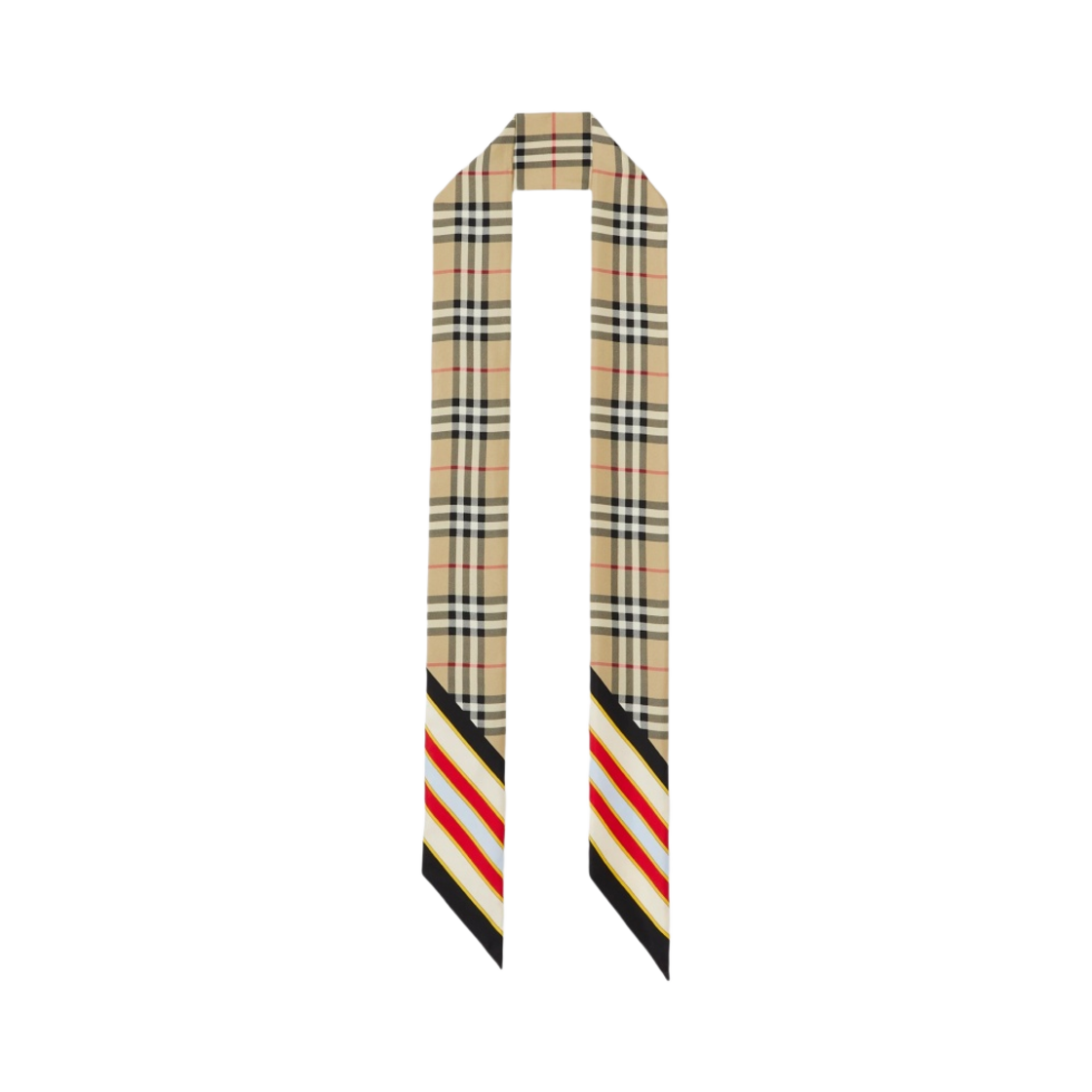 8072072 (W) Burberry Check Print Silk Skinny Scarf Archive Beige Pale Blue