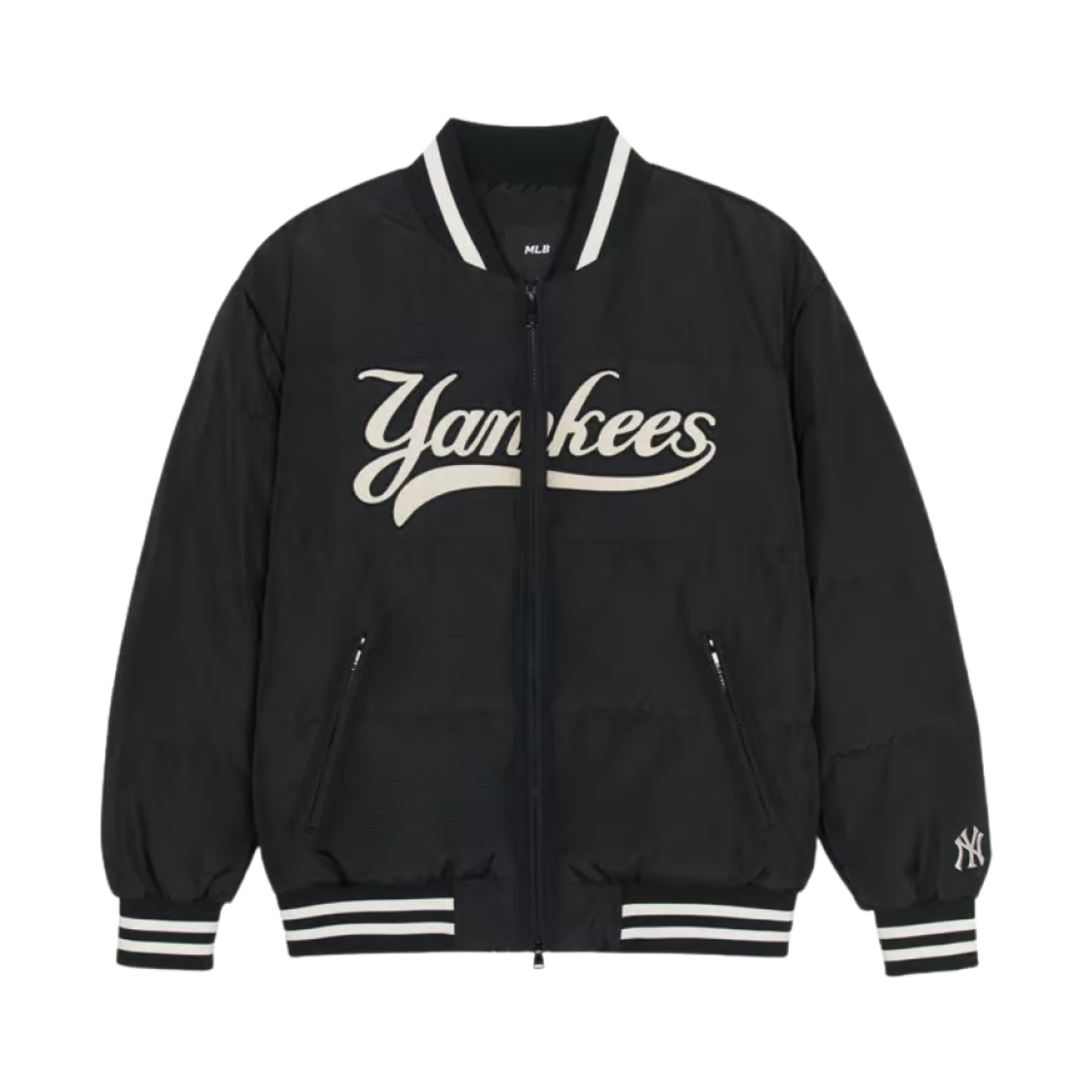 MLB 바시티 컬시브 립 헤비웨이트 숏 푸퍼 자켓 뉴욕 양키스 블랙(MLB Varsity Cursive Rib Heavyweight Short Puffer Jacket New York Yankees Black)