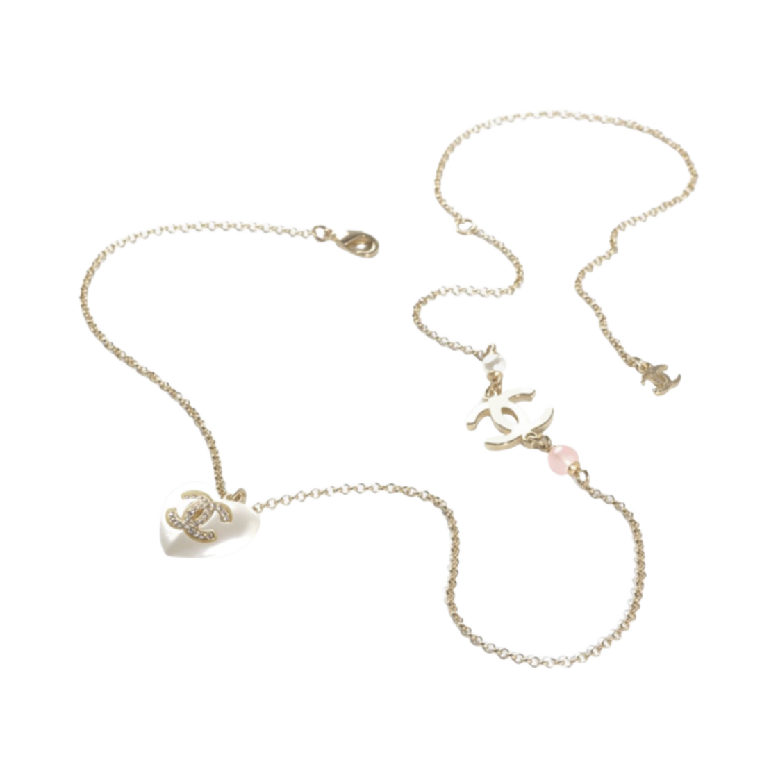 (W) 샤넬 네클리스 메탈 레진 글래스 펄 & 골드 핑크 펄리 화이트((W) Chanel Necklace Metal Resin Glass Pearls & Gold Pink Pearly White) - 2