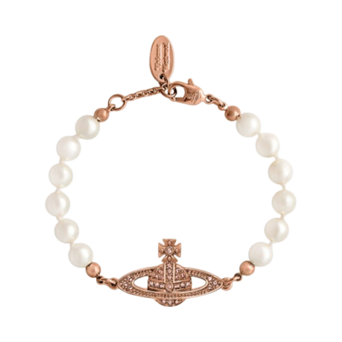 61030001-02G121 Vivienne Westwood Mini Bas Relief Pearl Chain Bracelet Pink Gold White