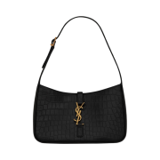 Saint Laurent Bronze Monogram Le 5 A 7 Hobo Bag in Crocodile Embossed Shiny Leather Black
