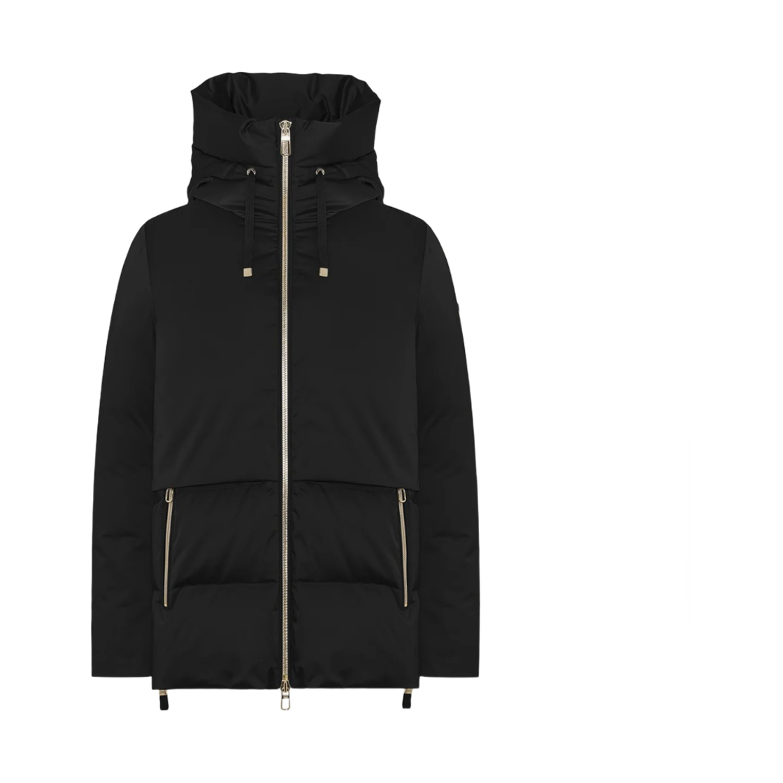 (W) 두노 테크니컬 새틴 줄리아 M 후드 쇼트 패디드 파카 블랙((W) Duno Julia M Hooded Short Padded Parka in Technical Satin Black)