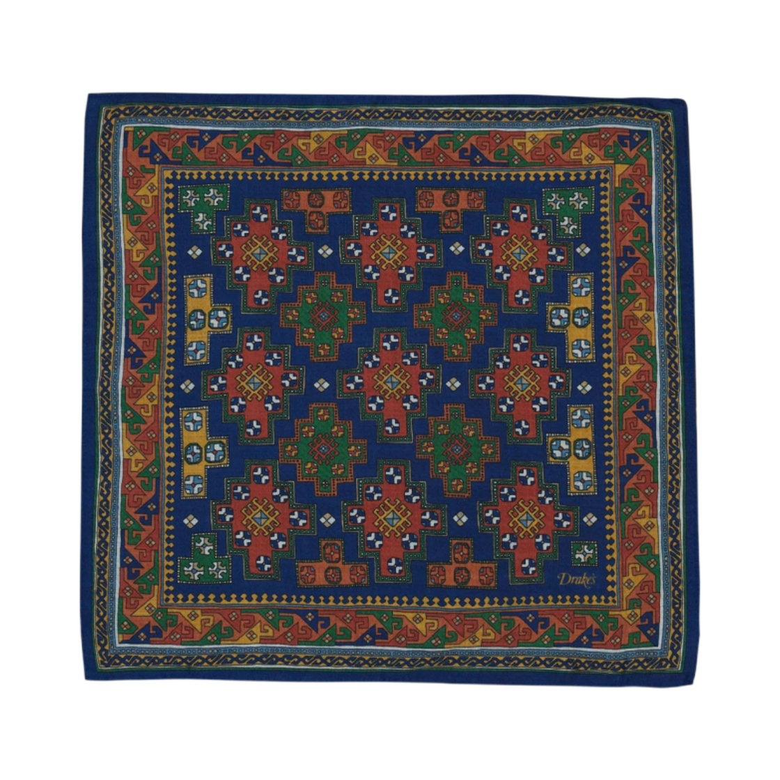DR1AE0-24697-01-251 Drake's Kilim Print Wool Silk Pocket Square Navy