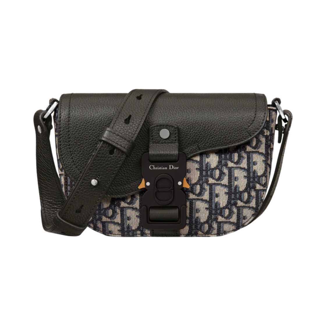 2ADCA435YKS-H27E Dior Saddle Pouch with Strap Grained Calfskin Beige & Black Dior Oblique Jacquard Black