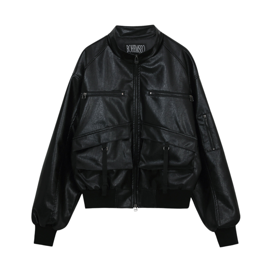 (W) 보헤미안 서울 하이 넥 포켓 레더 점퍼 블랙((W) Bohemian Seoul High Neck Pocket Leather Jumper Black)