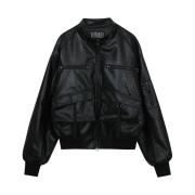 (W) Bohemian Seoul High Neck Pocket Leather Jumper Black