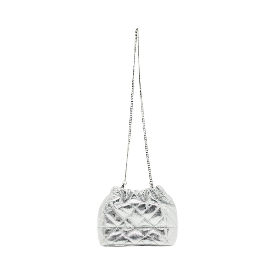 자라 메탈릭 퀼티드 미니 버킷백 실버