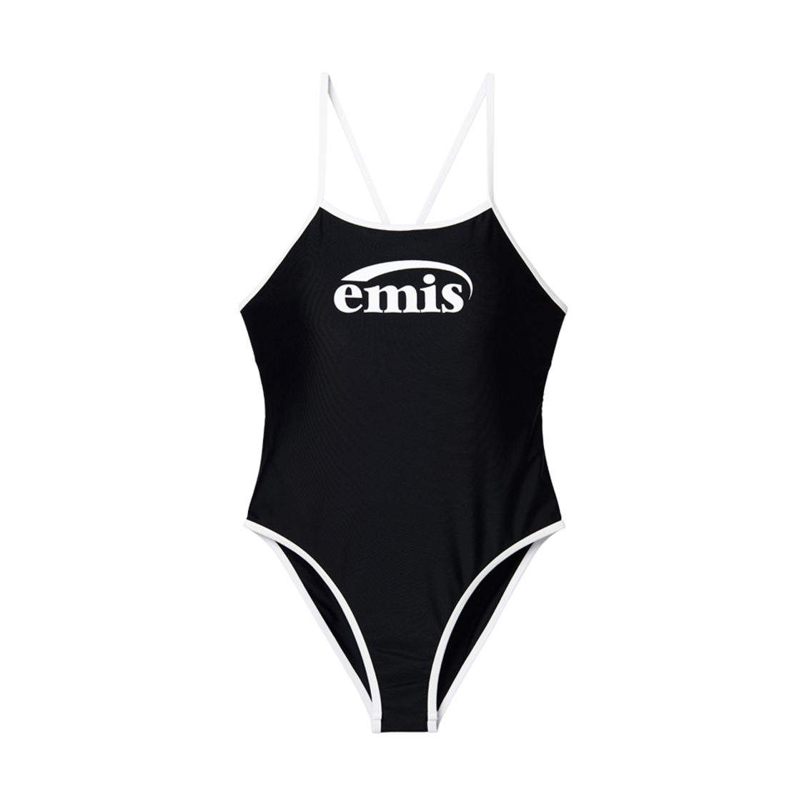 (W) 이미스 로고 브이백 스트랩 스윔수트 블랙((W) Emis Logo V-Back Strap Swimsuit Black)