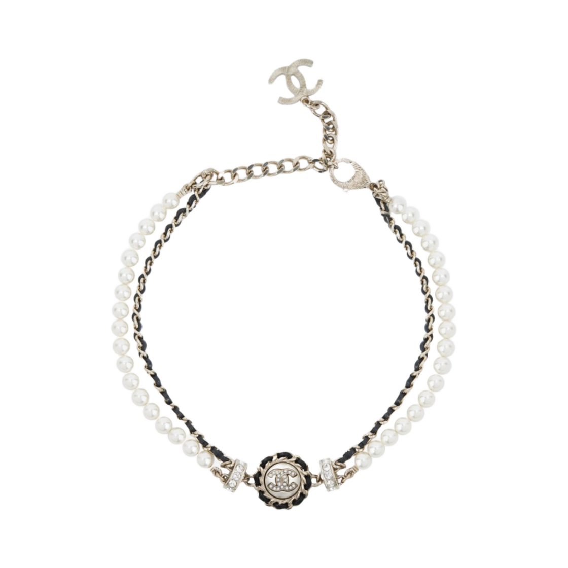 (W) 샤넬 초커 메탈 펄 램스킨 레진 스트라스 & 골드 펄리 화이트 블랙 크리스탈((W) Chanel Choker Metal Pearls Lambskin Resin Strass & Gold Pearly White Black Crystal) - 1