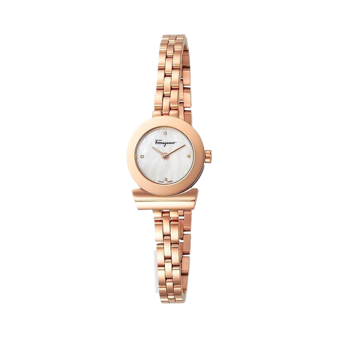 (W) 페라가모 간치니 쿼츠 22.5mm 스테인리스 스틸 핑크 골드 화이트((W) Ferragamo Gancini Quartz 22.5mm Stainless Steel Pink Gold White)