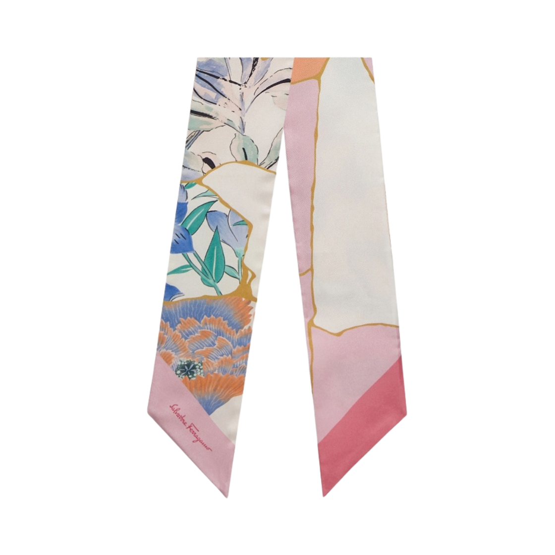(W) 페라가모 킨츠기 프린트 실크 트윌리 밴드 아이보리 핑크((W) Ferragamo Kintsugi Print Silk Twilly Band Ivory Pink) - 1