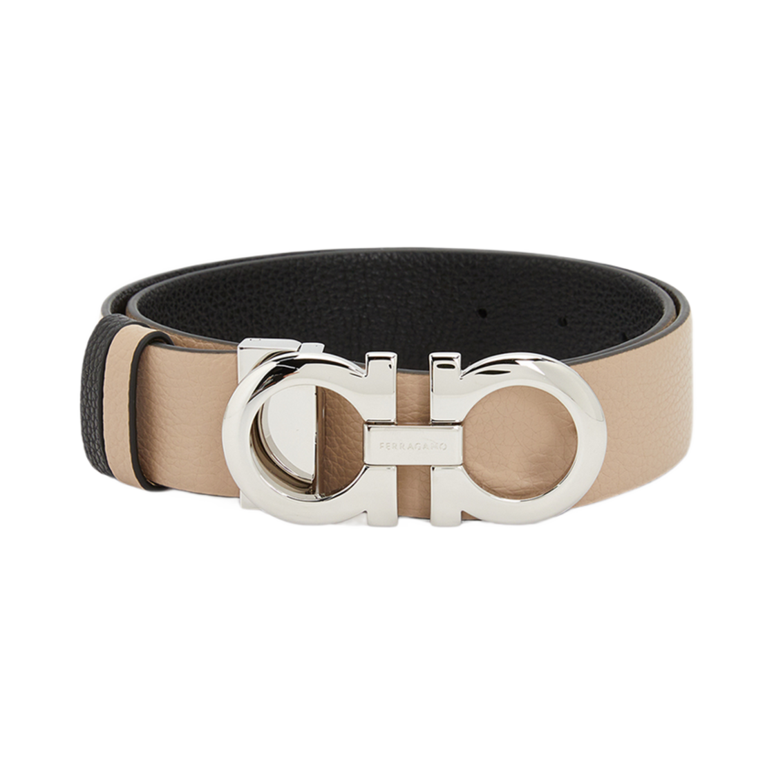23A564-615282 (W) Ferragamo Reversible Adjustable Gancini Belt New Bisque Black