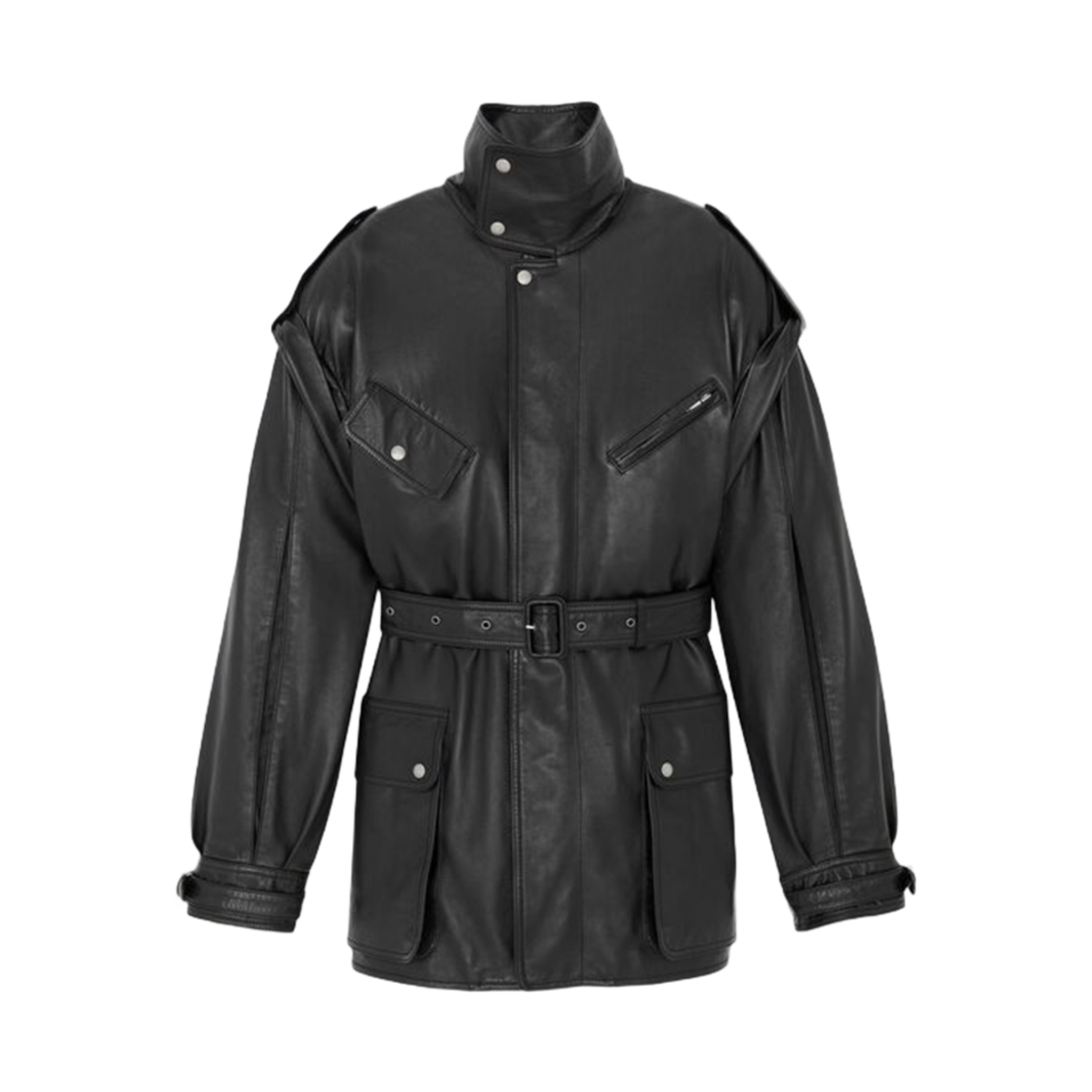 (W) 생로랑 벨티드 코트 램스킨 블랙((W) Saint Laurent Belted Coat In Lambskin Black) - 2