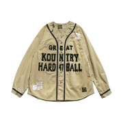 Kapital Chino Great Country Damaged Baseball Long Sleeve Shirt Beige