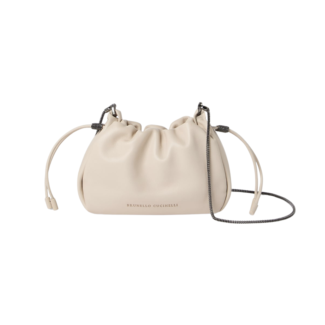 MBGPD2667-C8905 Brunello Cucinelli Mellow Mini Bucket Bag in Soft Leather with Precious Chain Ivory