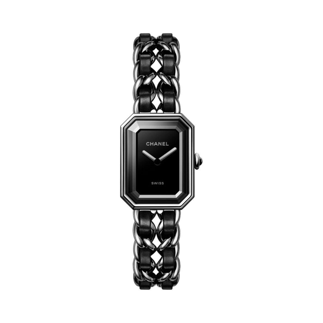 H7022 Chanel Premiere Iconic Chain Watch Black Lacquered Steel Black Leather