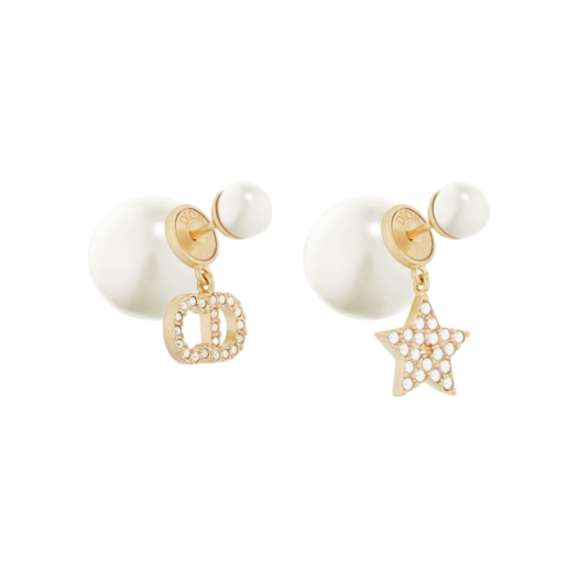 (W) Dior Tribales Earrings Gold Finish Metal White Resin Pearls Silver Tone Crystals