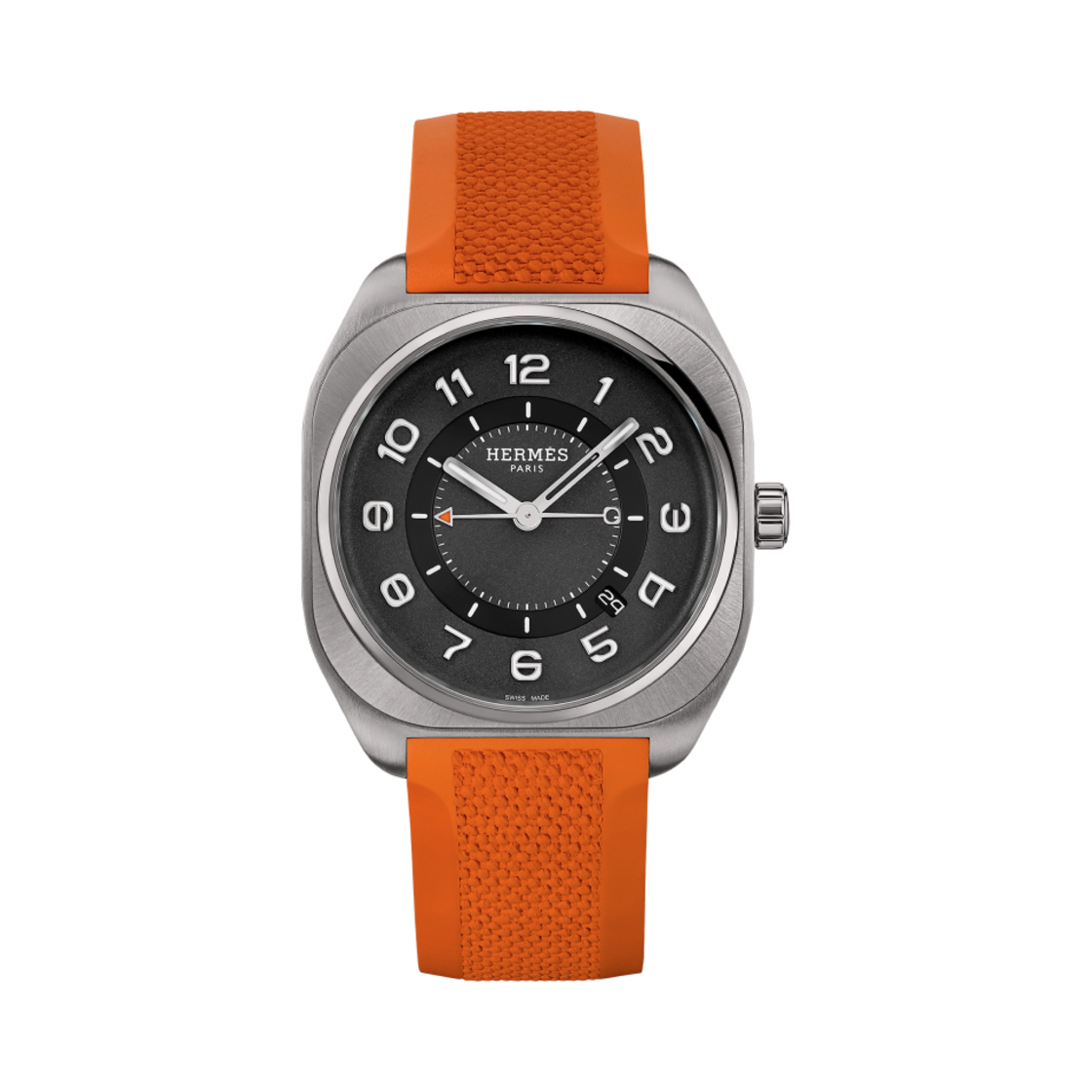 W049628WW00 Hermes H08 Watch Extra Large Orange Rubber Strap & Satin Brushed Titanium