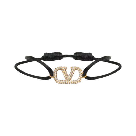 J0F81YAB32U Valentino Vlogo Signature Bracelet in Cotton and Swarovski Crystals Black