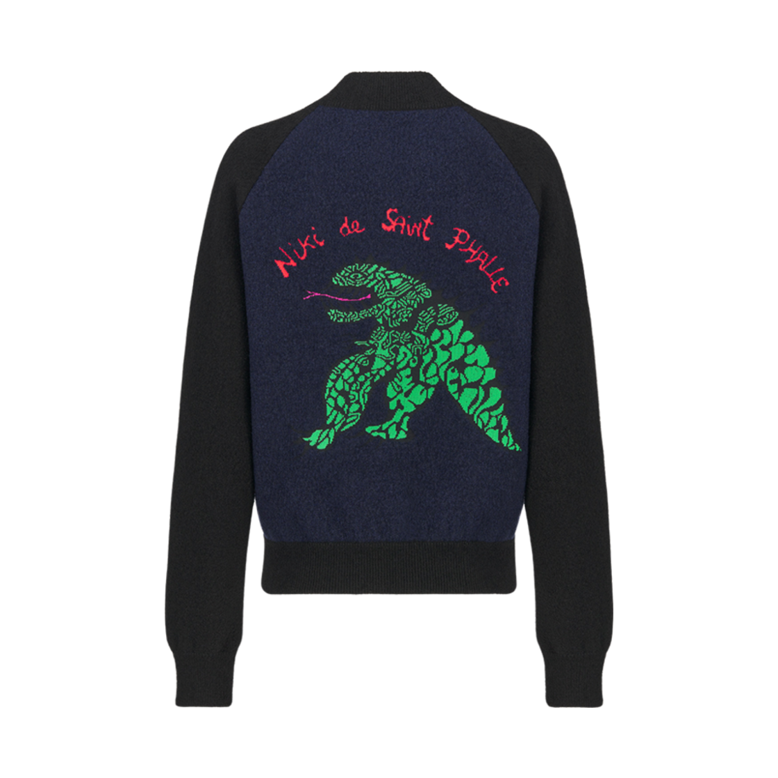 (W) 디올 봄버 자켓 네이비 블루 테크니컬 버진 울 니트 그린 드래곤 모티프((W) Dior Bomber Jacket Navy Blue Technical Virgin Wool Knit Green Dragon Motif) - 1