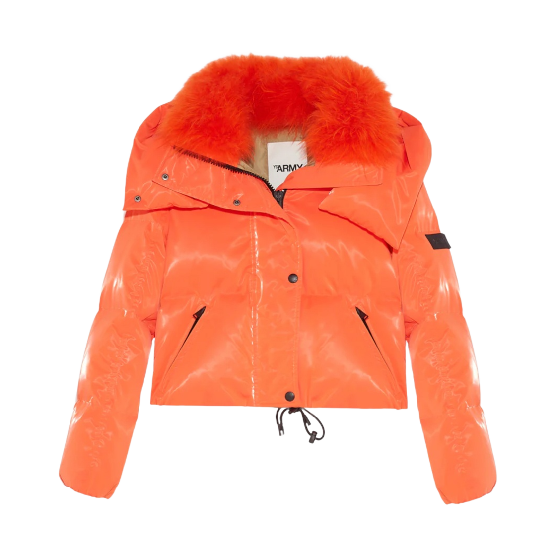 24WFV02650T06GA (W) Yves Salomon Cropped Down Jacket in Water-Repellent Glossy Technical Fabric with Fluffy Lambswool Collar Trim Red