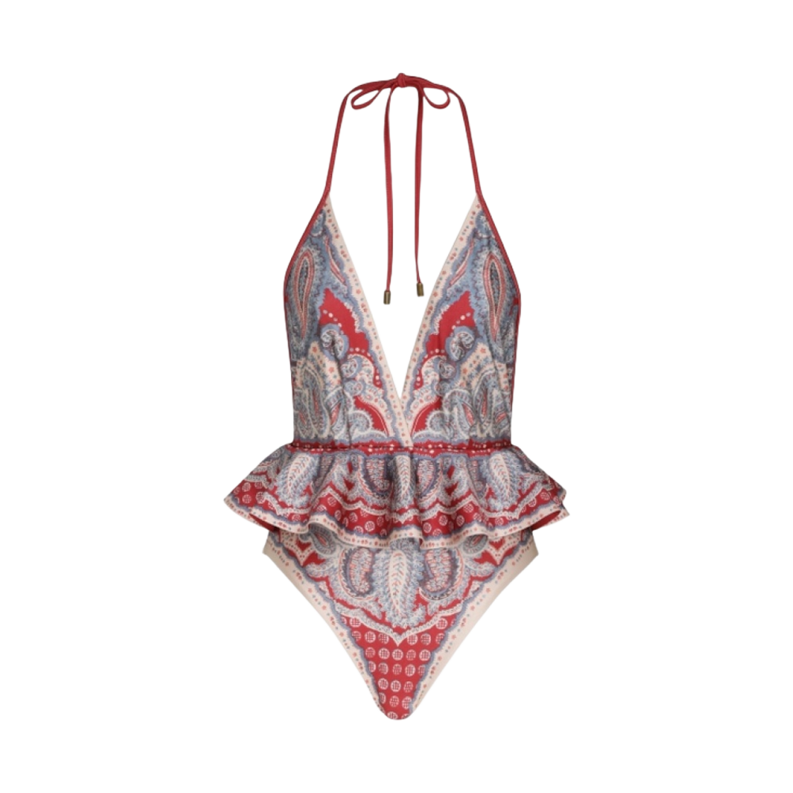 (W) 짐머만 비탈리 러플 홀터 원피스 스윔수트 인디고 앤드 루비 페이즐리((W) Zimmermann Vitali Ruffle Halter One-Piece Swimsuit Indigo And Ruby Paisley)