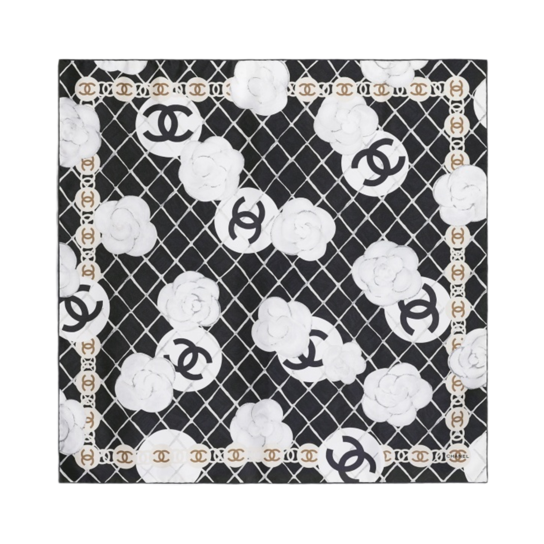 (W) 샤넬 스퀘어 스카프 실크 트윌 & 블랙((W) Chanel Square Scarf Silk Twill & Black)