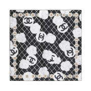 (W) Chanel Square Scarf Silk Twill & Black