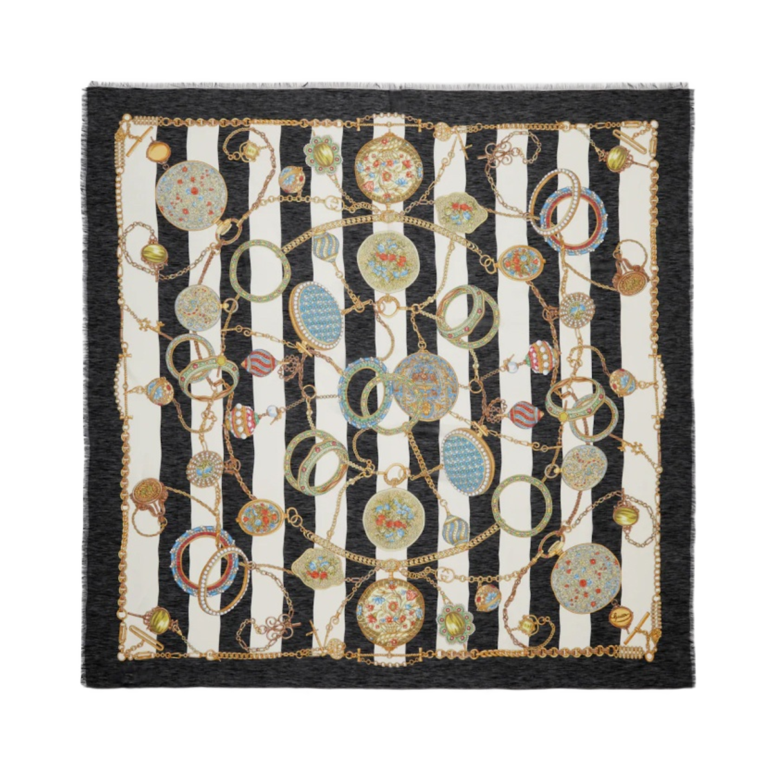 (W) 구찌 쥬얼 프린트 실크 리넨 숄 아이보리 블랙((W) Gucci Jewels Print Silk Linen Shawl Ivory Black) - 1