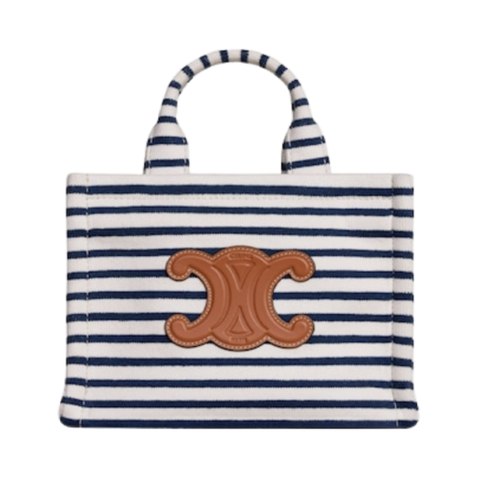 Celine Mini Cabas Thais Tote Bag in Striped Textile and Calfskin Navy Tan