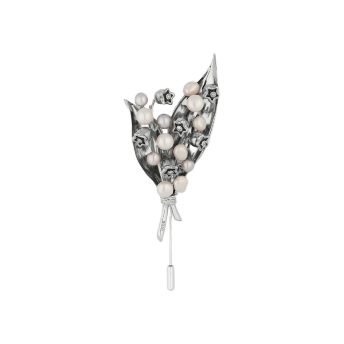 V1013HOMGM-D009 Dior Lily of the Valley Brooch Silver Finish Brass Gray White Freshwater Pearls