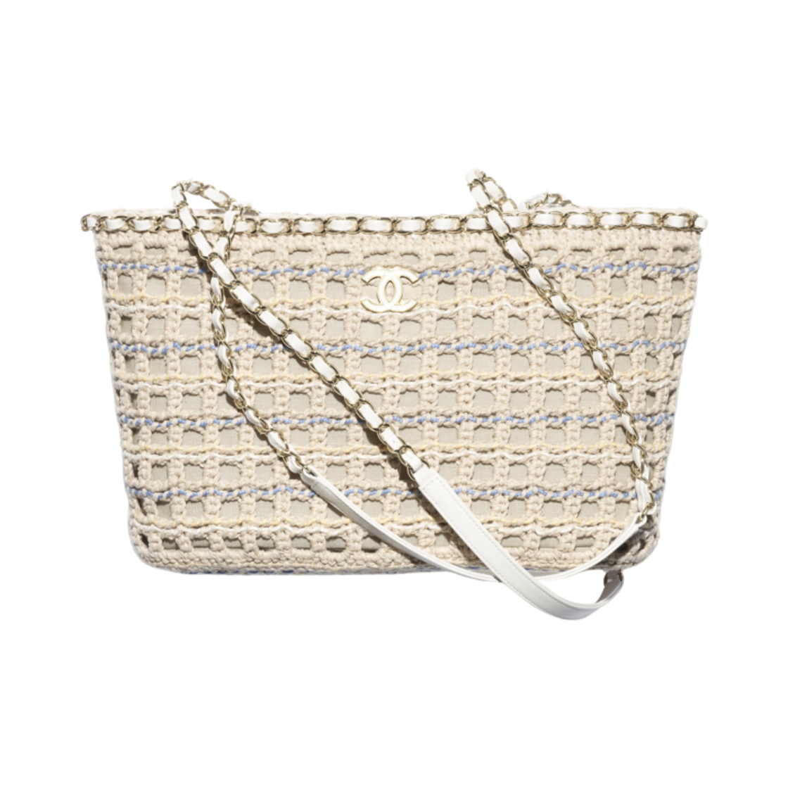 샤넬 스몰 쇼핑백 코튼 크로쉐 & 골드 메탈 베이지 화이트 블루 옐로우(Chanel Small Shopping Bag Cotton Crochet & Gold Beige White Blue Yellow) - 1