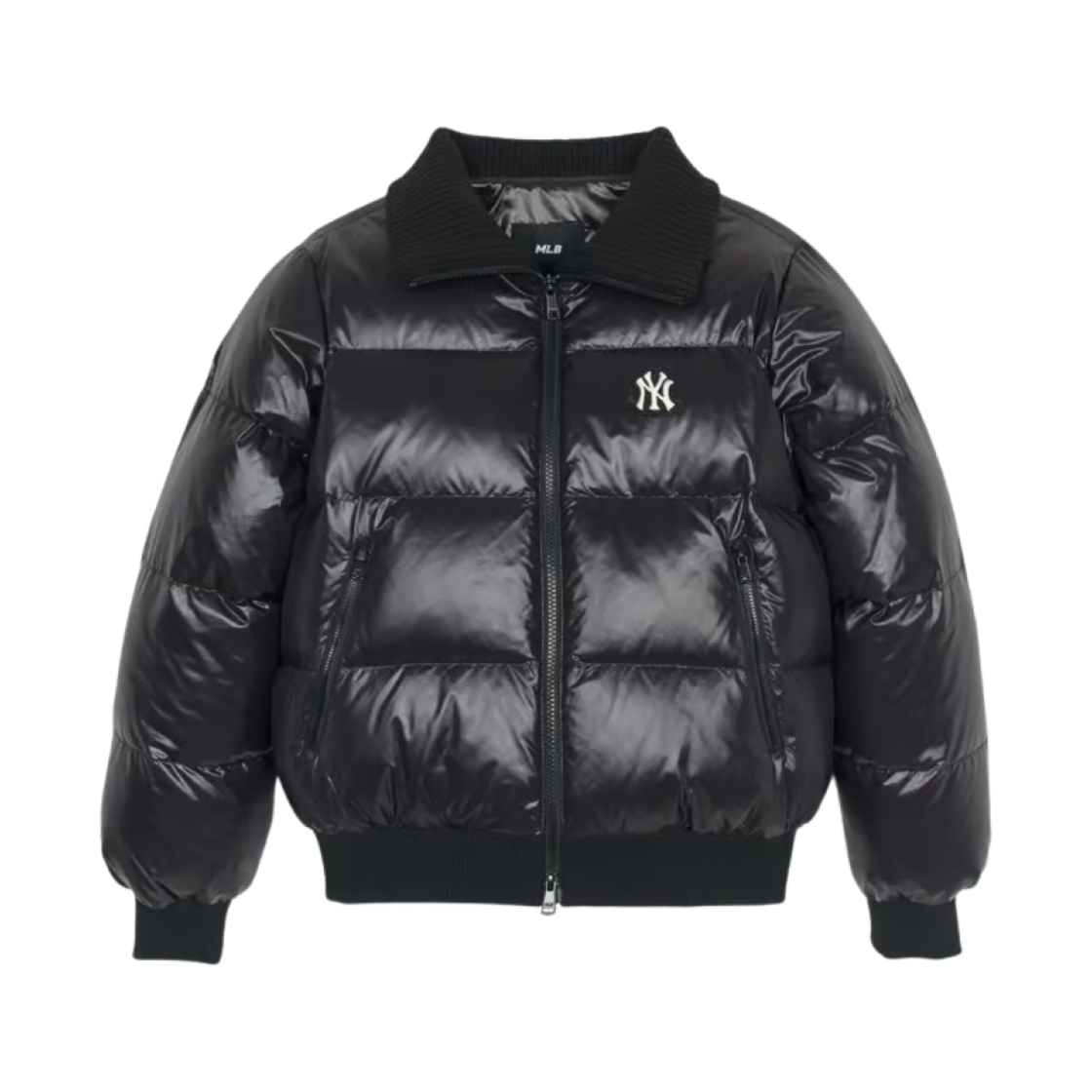 (W) MLB 베이직 유광 립 크롭 푸퍼 자켓 뉴욕 양키스 블랙((W) MLB Basic Shiny Rib Crop Puffer Jacket New York Yankees Black)