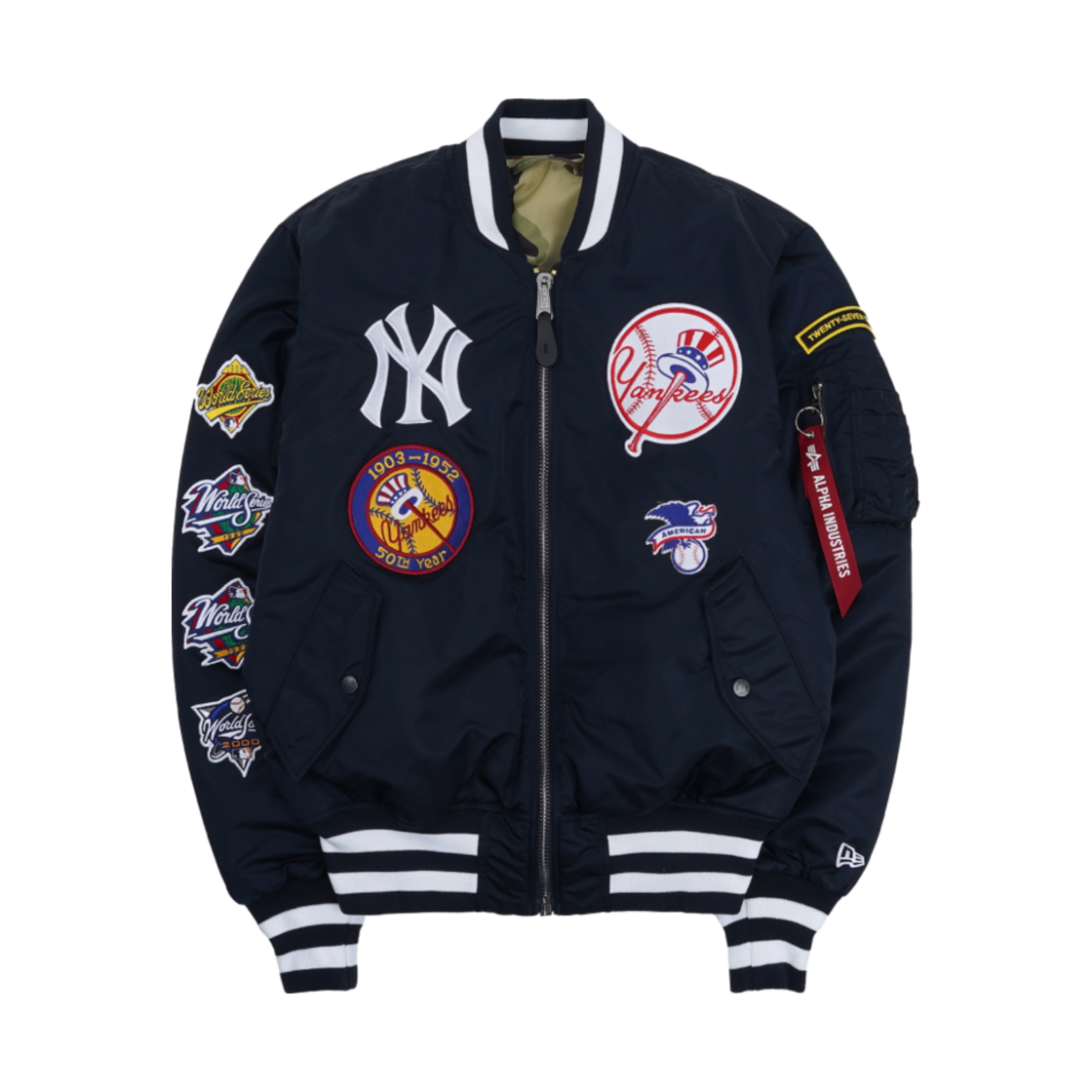 뉴에라 x 알파 인더스트리 x MLB 뉴욕 양키스 MA-1 봄버 자켓 레플리카 블루(New Era x Alpha Industries x MLB New York Yankees MA-1 Bomber Jacket Replica Blue)