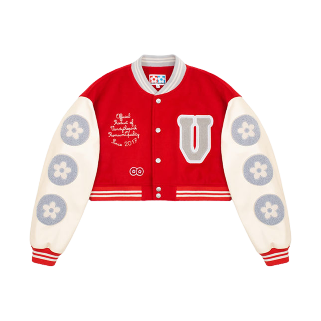 반디 더 핑크 크롭 굿즈 바시티 자켓 레드(Vandy The Pink Cropped Goods Varsity Jacket Red)