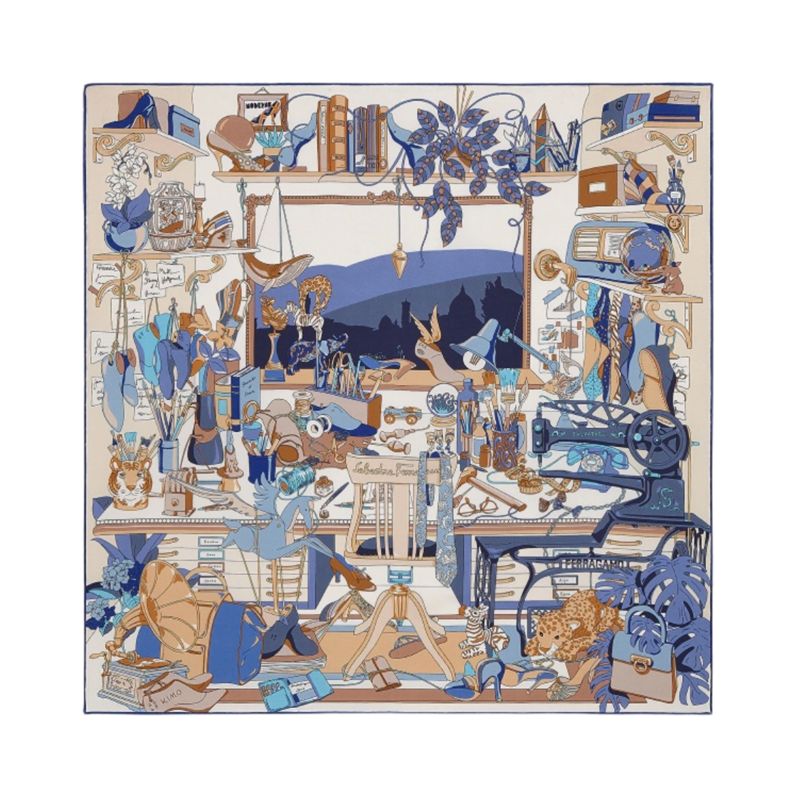 310073-747579 (W) Ferragamo Studio Print Silk Foulard Ivory Beige Blue