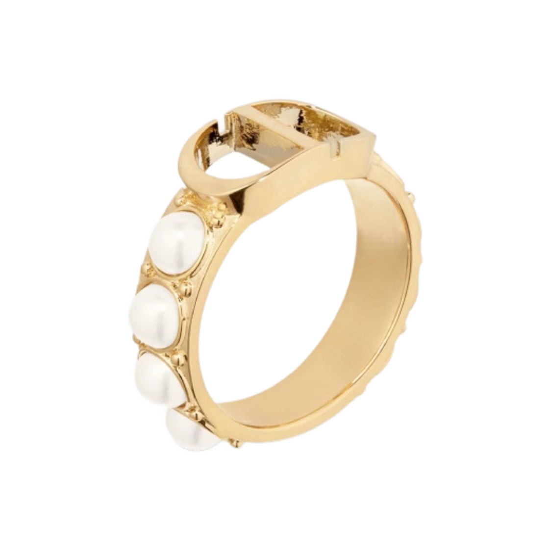(W) 디올 30 몽테뉴 링 골드 피니쉬 메탈 화이트 레진 펄((W) Dior 30 Montaigne Ring Gold Finish Metal White Resin Pearls) - 1