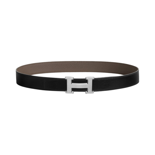 Hermes H Guillochee Belt Buckle & Reversible Leather Strap 32mm & Argent Noir Etain