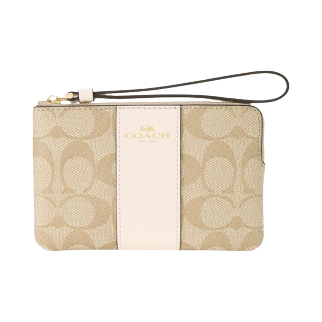 코치 시그니처 캔버스 코너 집 리스틀릿 골드 라이트 카키 초크(Coach Corner Zip Wristlet In Signature Canvas Gold Light Khaki Chalk) - 1