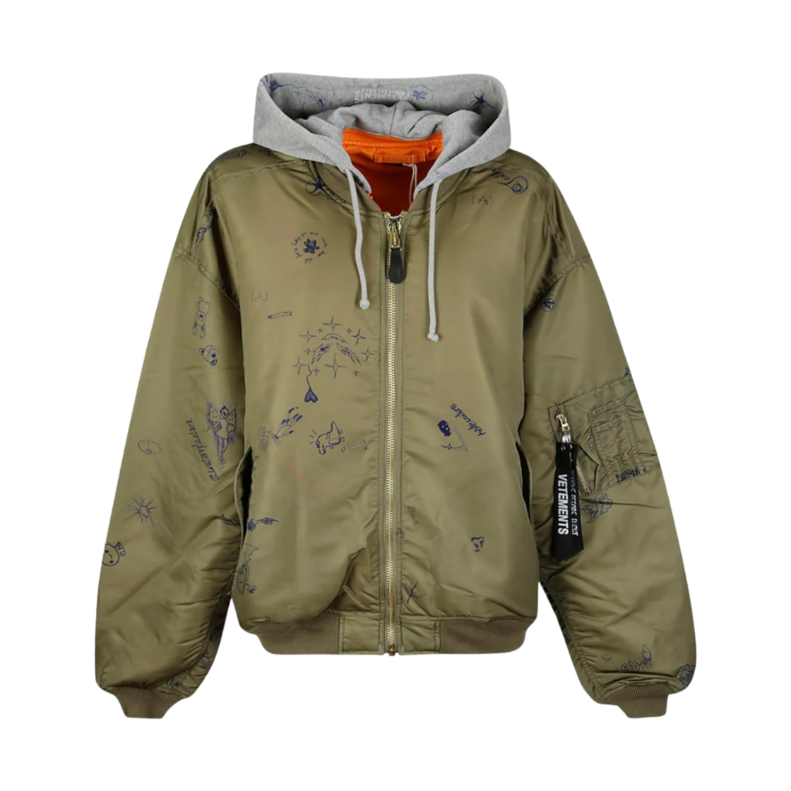 UE54JA240Z Vetements Doodle Print Reversible Bomber Jacket Khaki